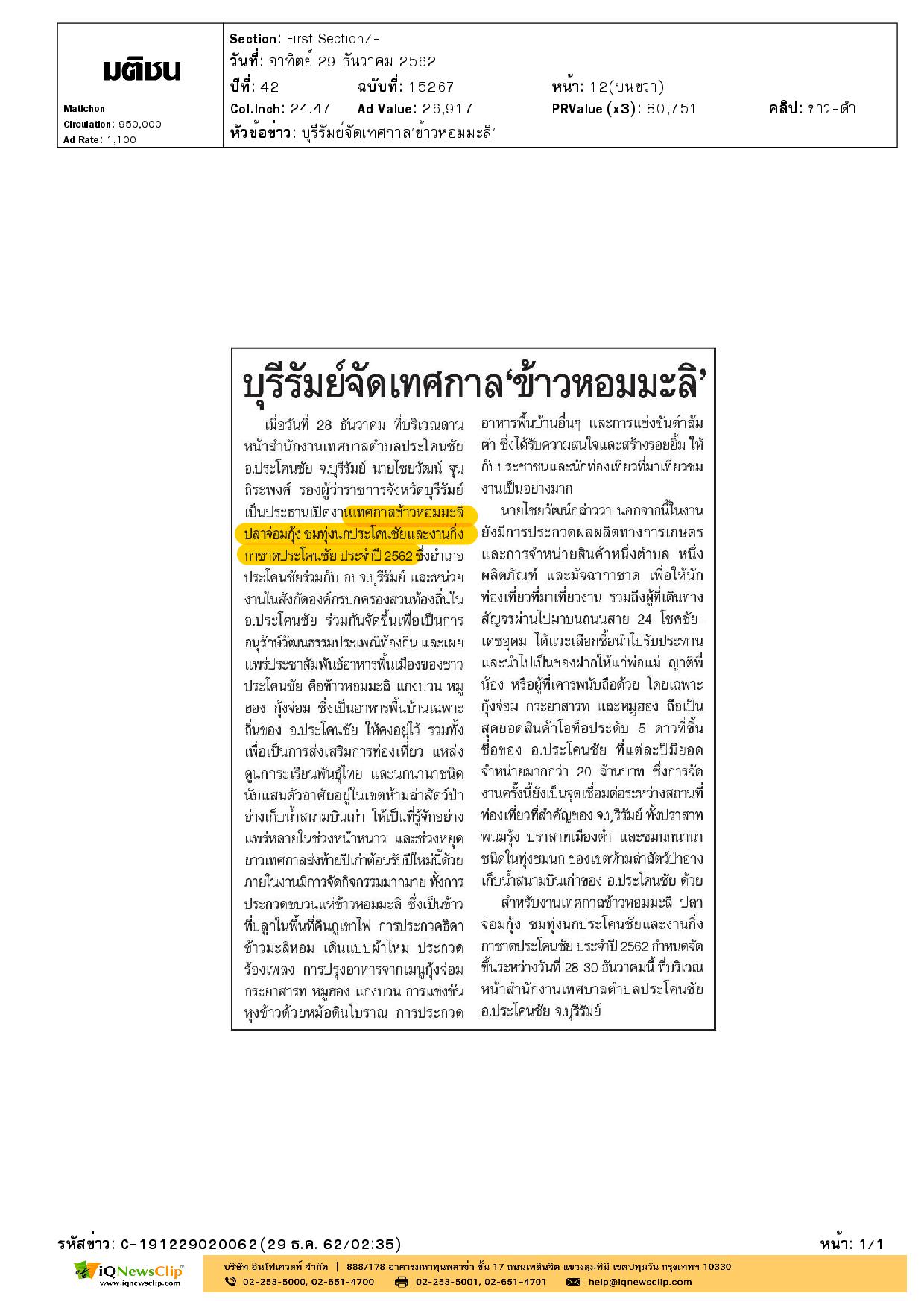 เทศกาลข้าวหอมมะลิ และงานกิ่งกาชาดประโคนชัย ประจำปี 2562