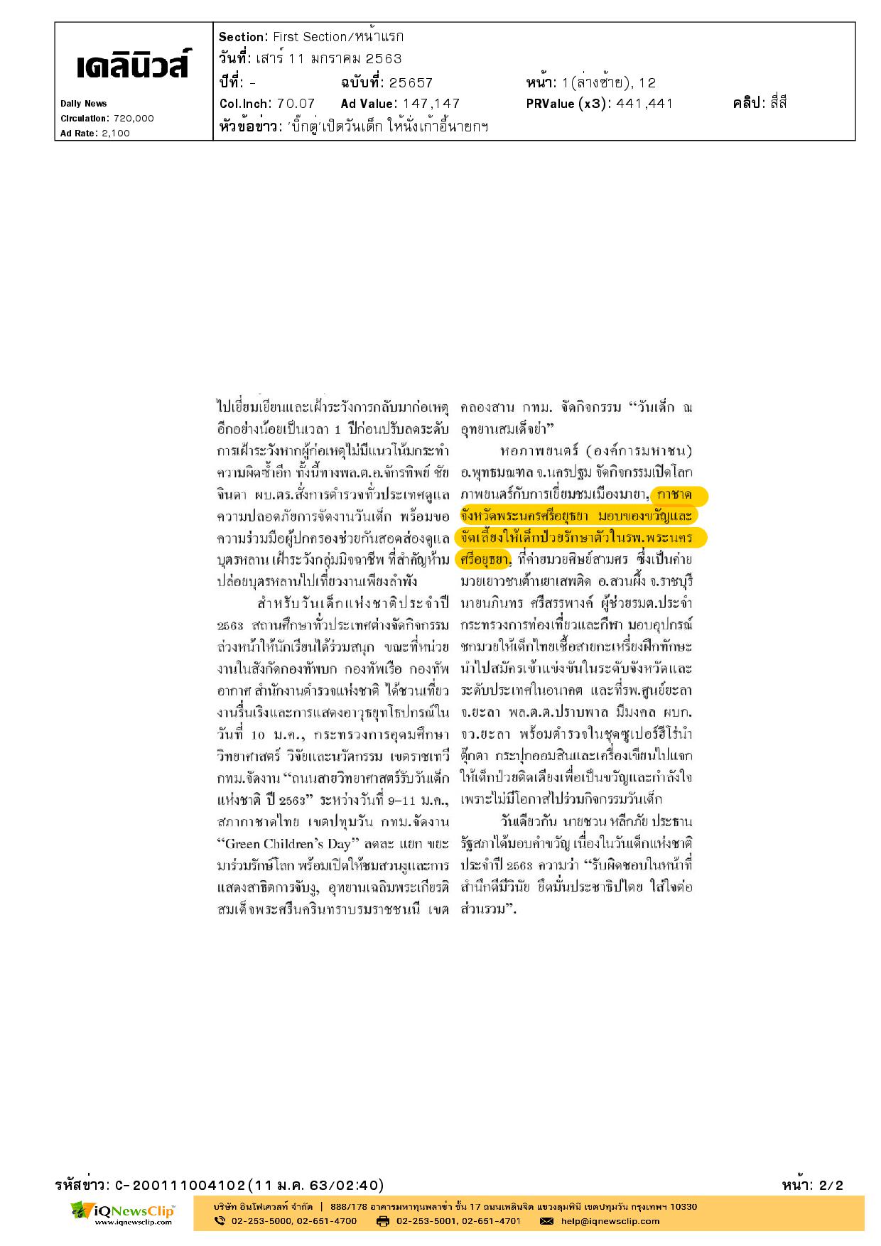 เหล่ากาชาด จ.พระนครศรีอยุธยา มอบของขวัญและจัดเลี้ยงให้เด็กที่ป่วย