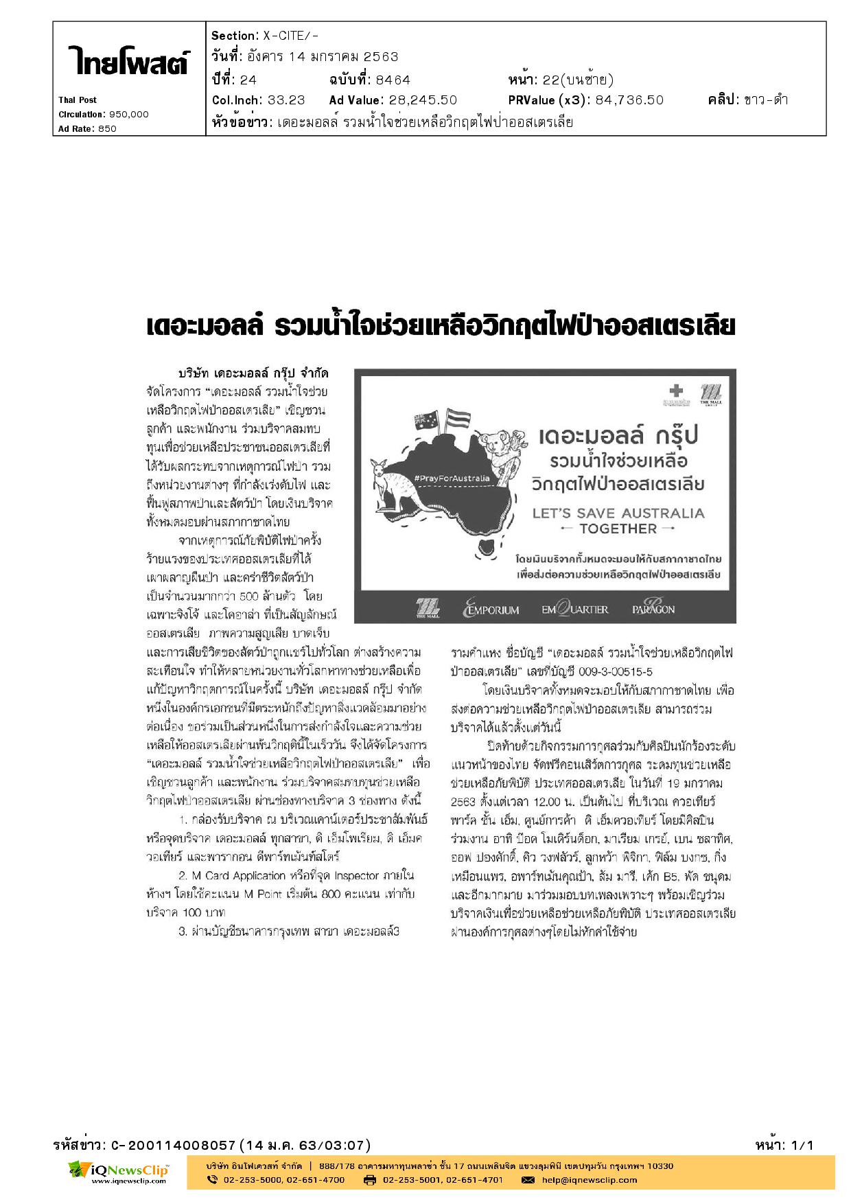 โครงการ“เดอะมอลล์ รวมน้ำใจ ช่วยเหลือวิกฤตไฟป่าออสเตรเลีย”