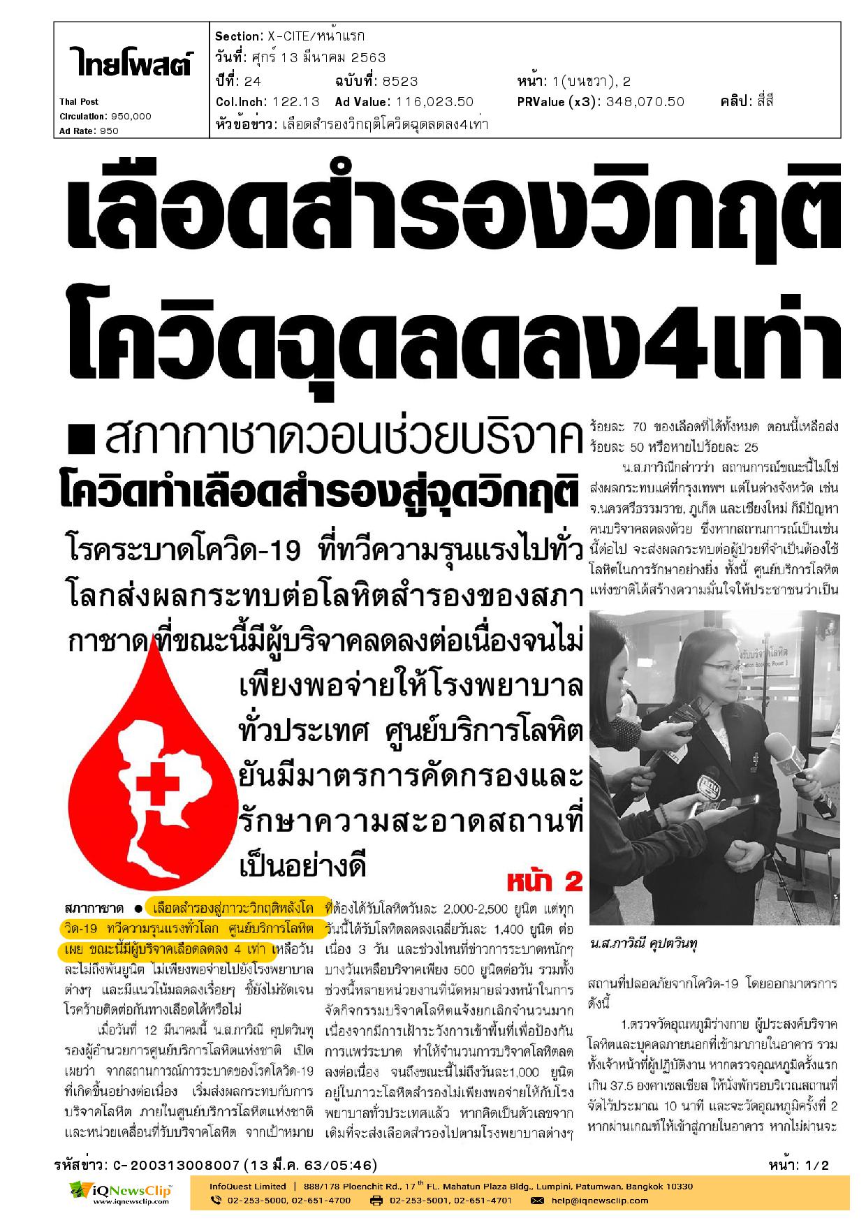 เลือดสำรองวิกฤติ โควิดฉุดลดลง 4 เท่า