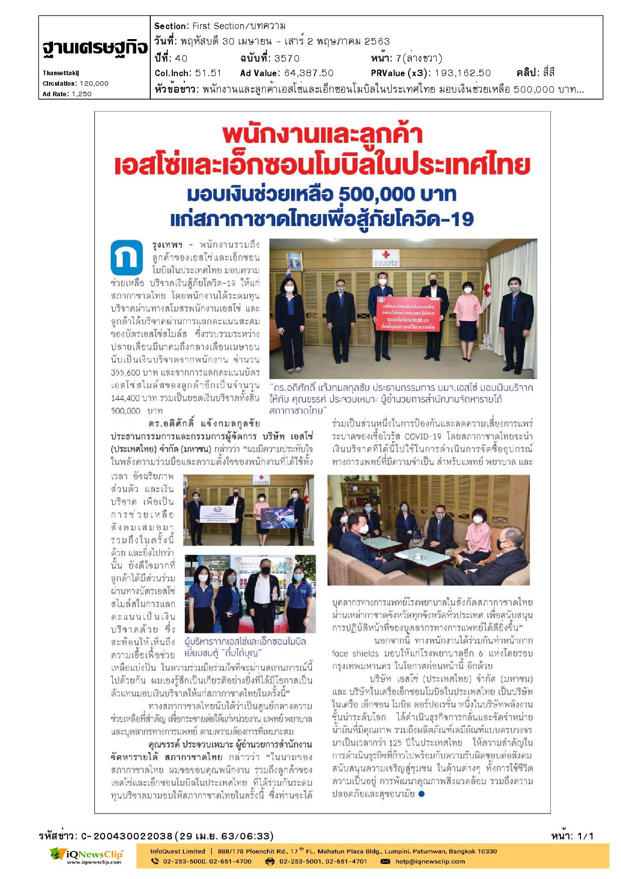 มอบเงินช่วยเหลือ แก่สภากาชาดไทยเพื่อสู้ภัยโควิด-19