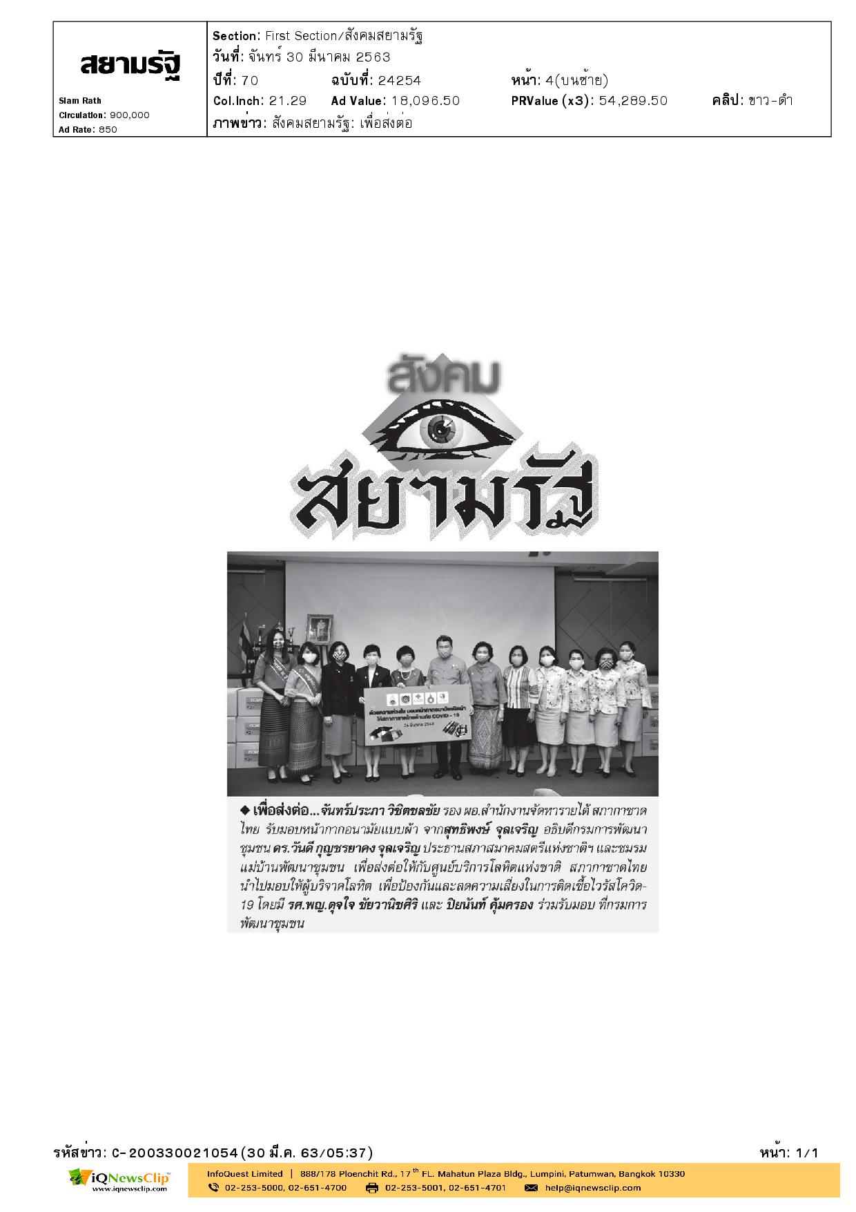 จันทร์ประภา วิชิตชลชัย รับมอบหน้ากากอนามัยชนิดผ้า
