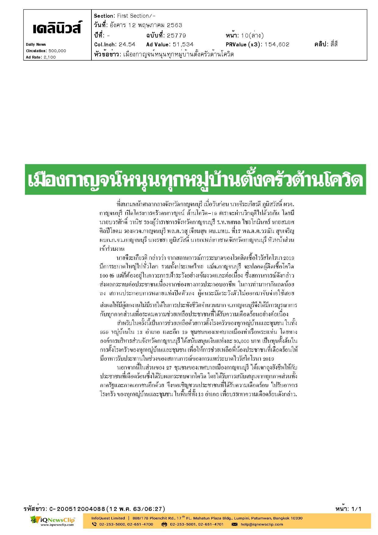 นายกเหล่ากาชาด เปิดโครงการครัวคนกาญจน์ ต้านโควิด-19
