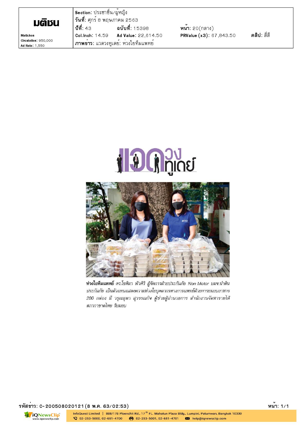 นำสินประกันภัย มอบอาหารบุคลากรทางการแพทย์