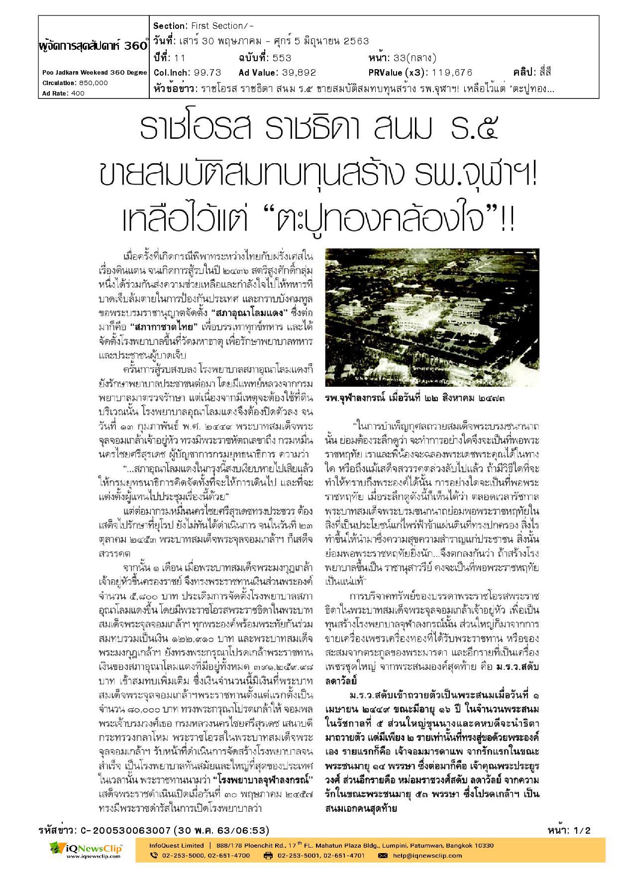 ราชโอรส ราชธิดา สนม ร.5 ขายสมบัติสมทบทุนสร้าง รพ.จุฬาฯ