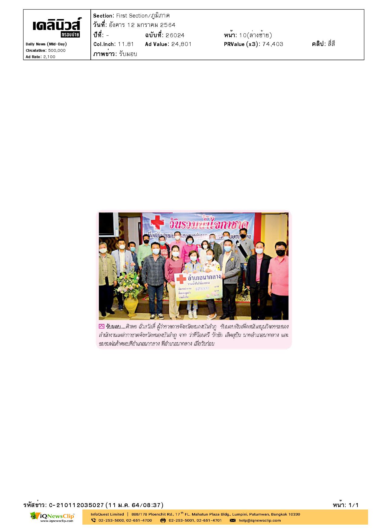 ผวจ. หนองบัวลำภู รับมอบเงินสนับสนุนกิจกรรมของสำนักงานเหล่ากาชาดจังหวัด