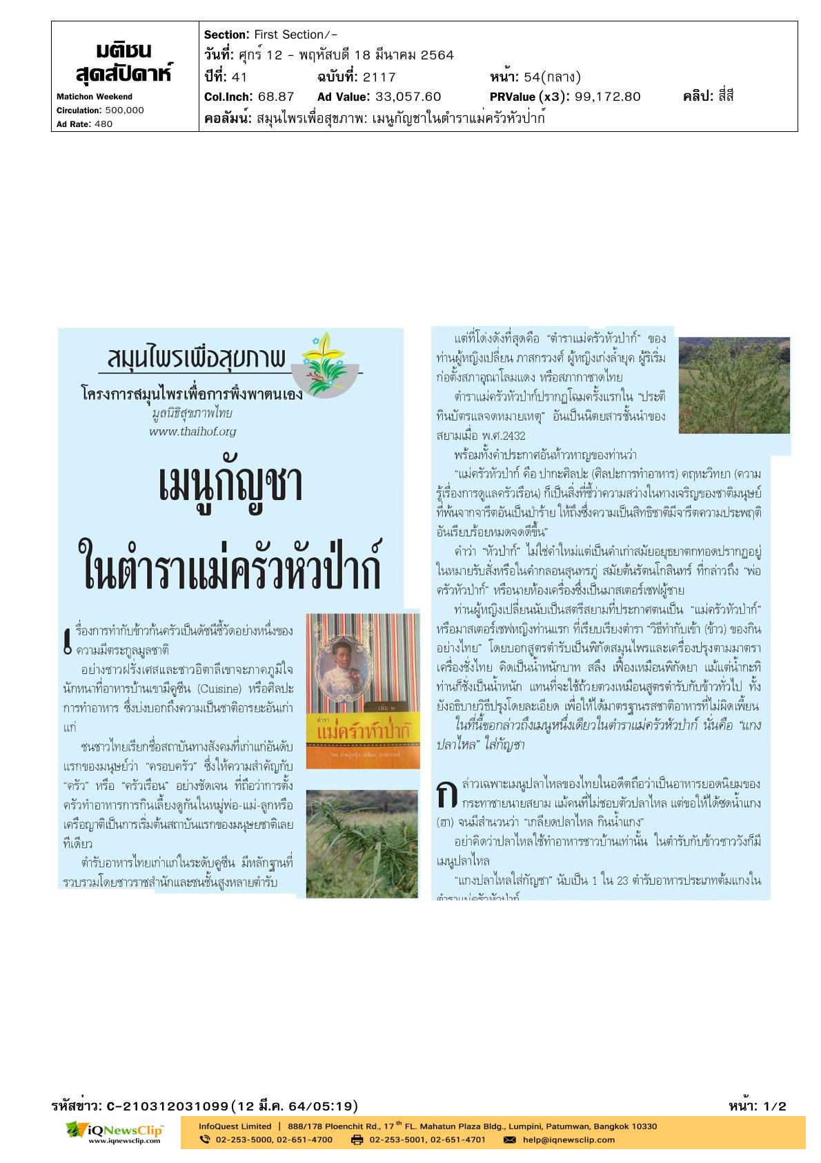 บทความเรื่อง “เมนูกัญชา ในตำราแม่ครัวหัวป่าก์”