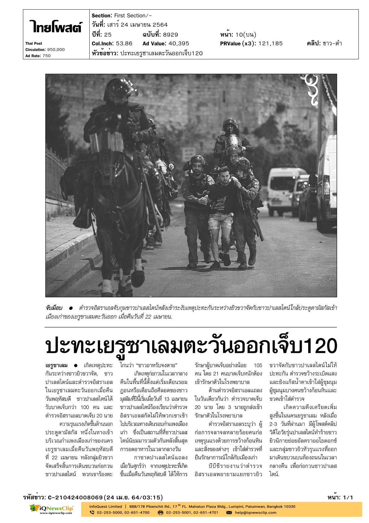 กาชาดปาเลสไตน์ แถลงเหตุการณ์ปะทะกันระหว่างชาวยิวขวาจัด