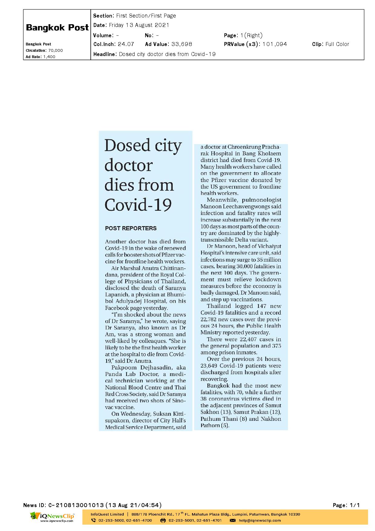 Dosed city doctor dies from Covid-19