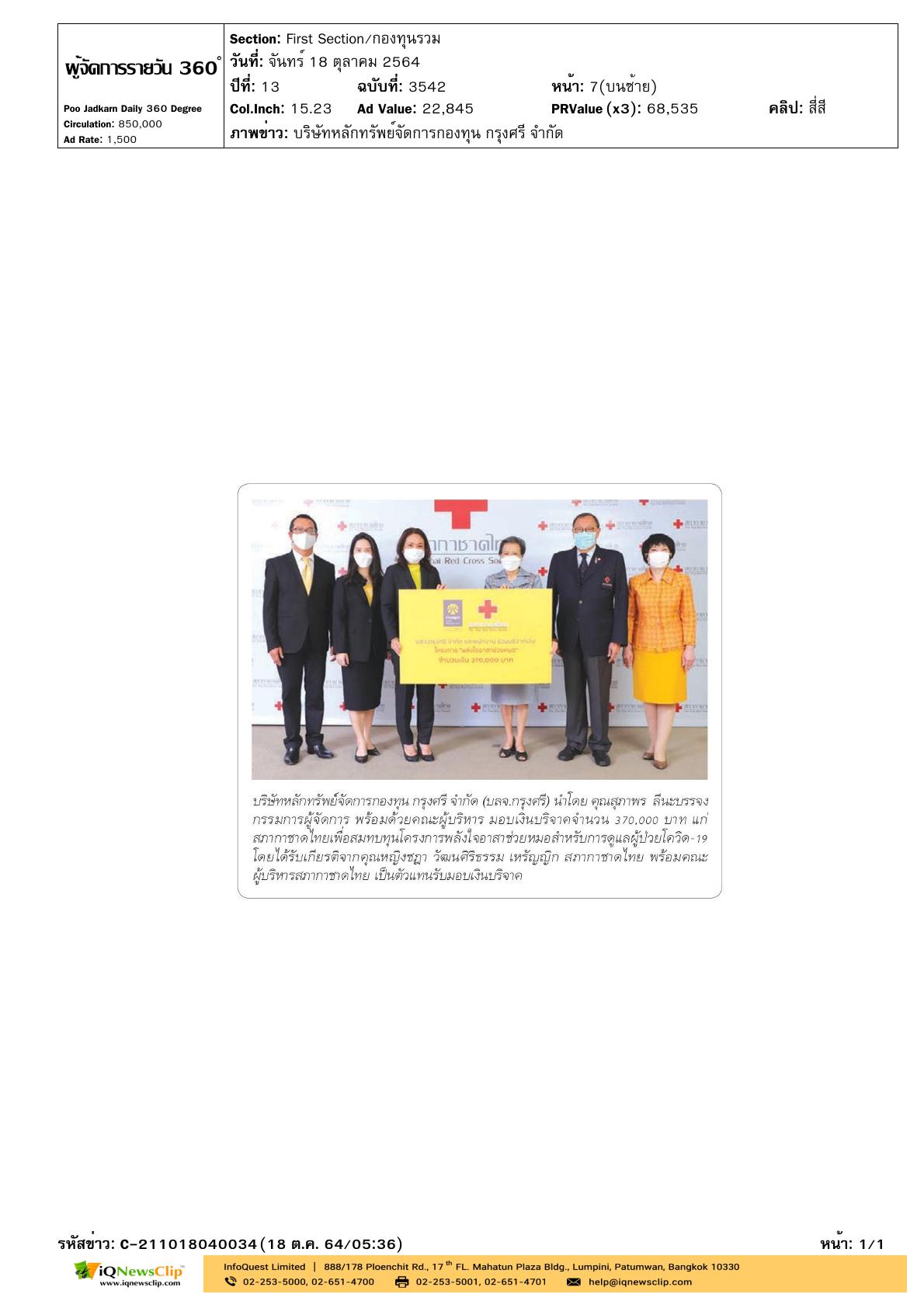 รับมอบเงินบริจาคจาก บลจ.กรุงศรี