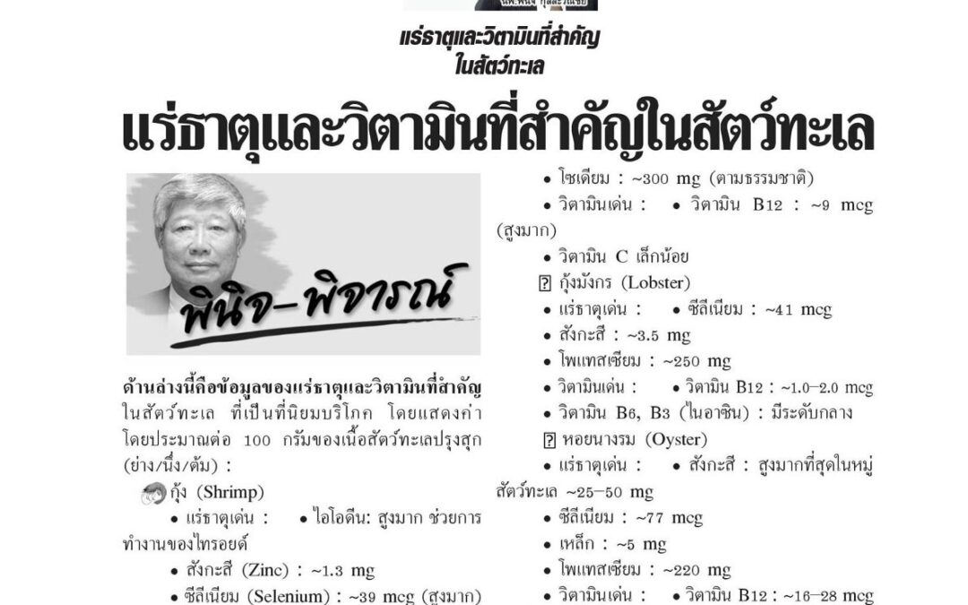 บทความเรื่อง : แร่ธาตุและวิตามินที่สำคัญในสัตว์ทะเล